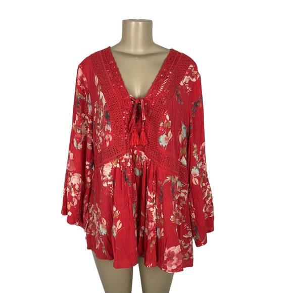 torrid Tops - Torrid Floral Print Crochet Lace V-Neck Bell Sleeve Tunic Top Size 1X Boho Gauze